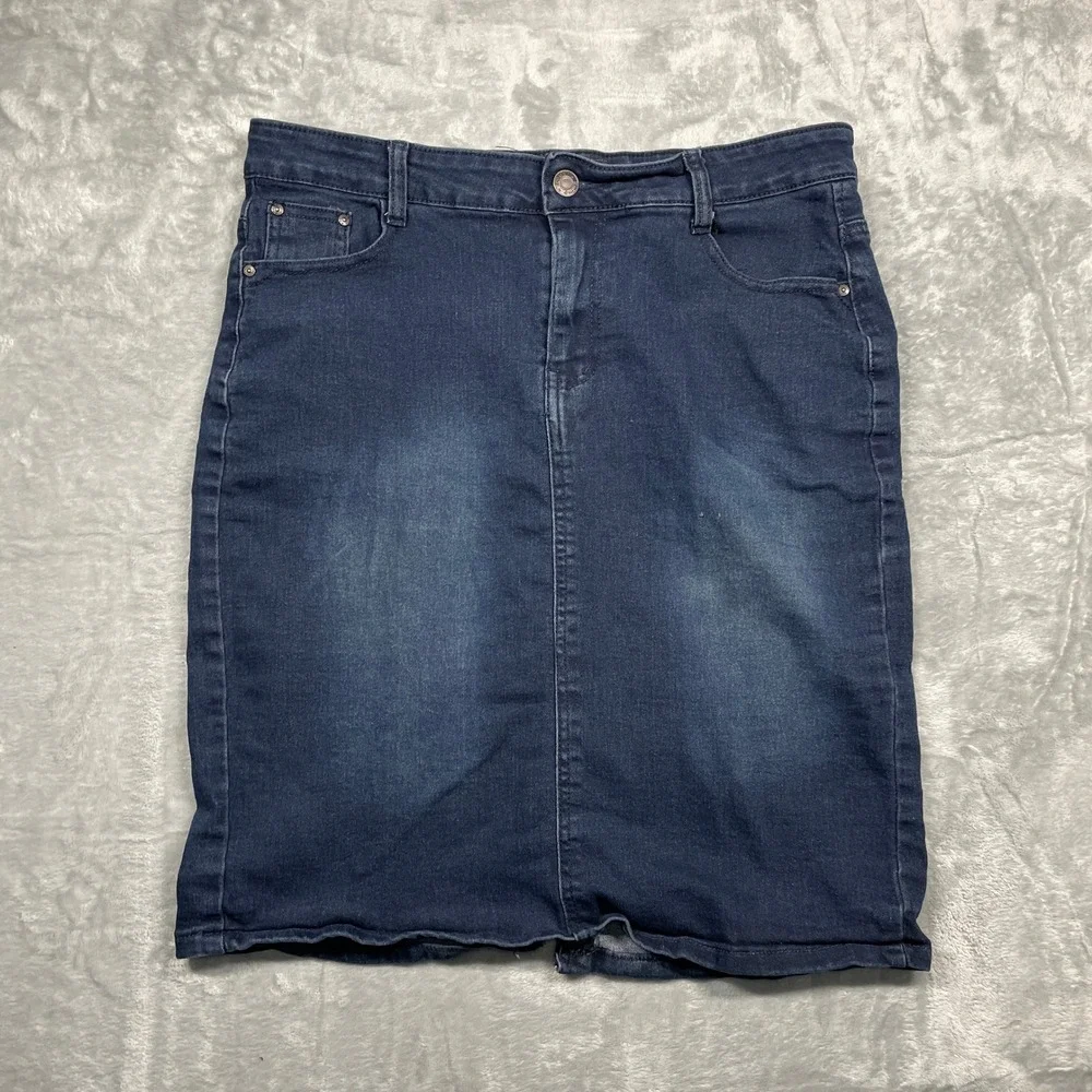 Emme Jordan Denim Skirt Womens Medium‎ Blue Dark Wash Stretch Pencil Embroidered